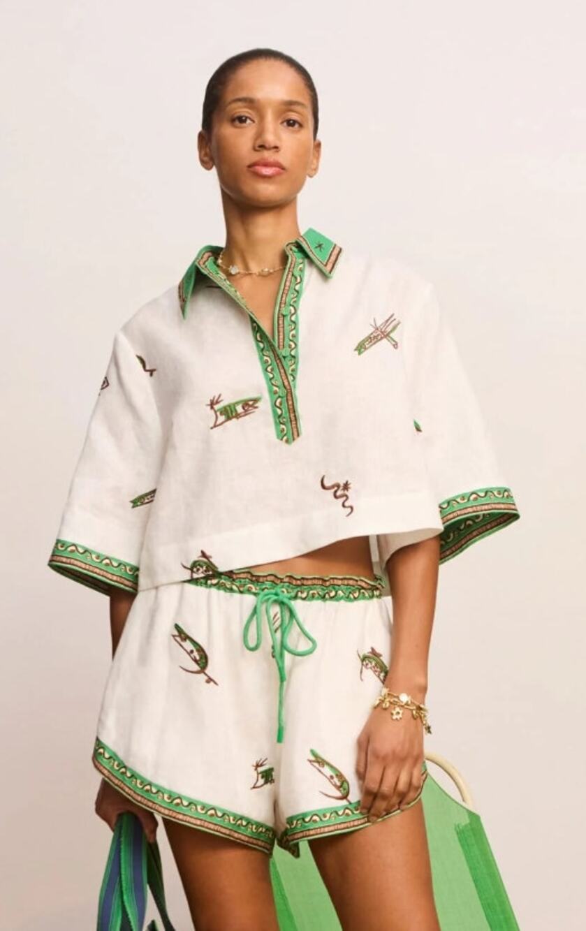 NWT Alemais Ivory Green Wanda Embroidered Cropped Shirt Womens US 2